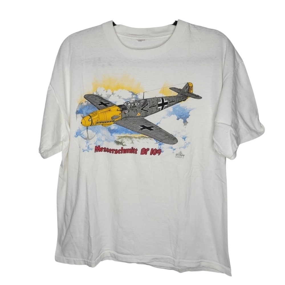 Vintage 90s Messerschmitt BF 109 German Aircraft Graphic T-Shirt Size Medium